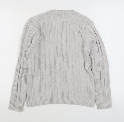 BM Mens Grey V-Neck  Cotton Pullover Jumper Size M