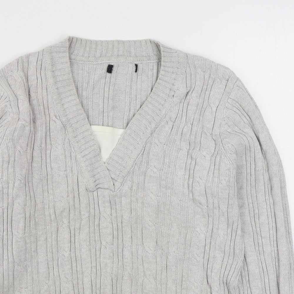 BM Mens Grey V-Neck  Cotton Pullover Jumper Size M