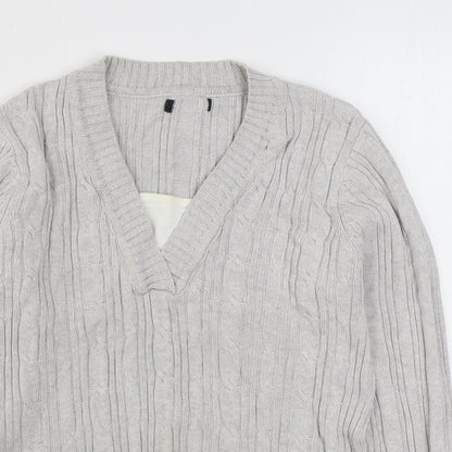 BM Mens Grey V-Neck  Cotton Pullover Jumper Size M