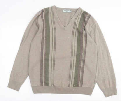 Greenwoods Mens Brown V-Neck Striped Cotton Pullover Jumper Size M