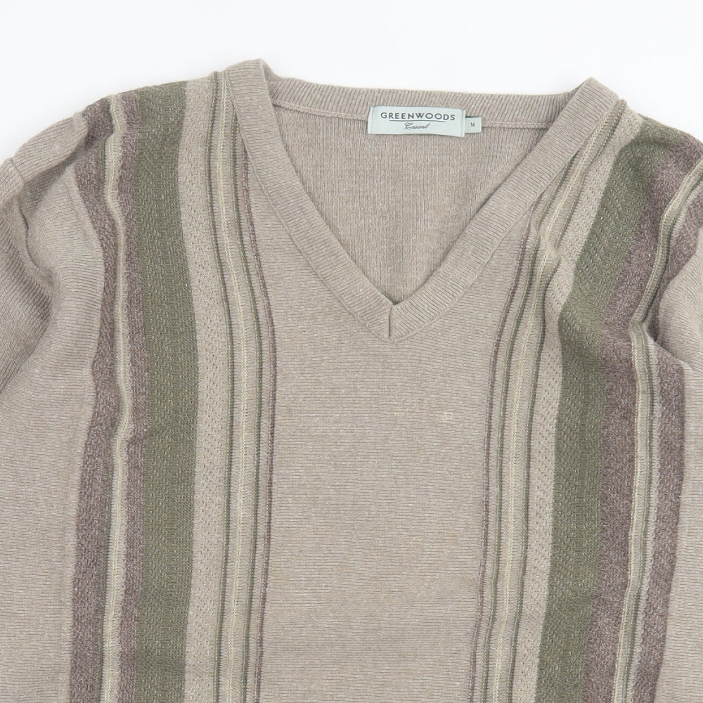 Greenwoods Mens Brown V-Neck Striped Cotton Pullover Jumper Size M