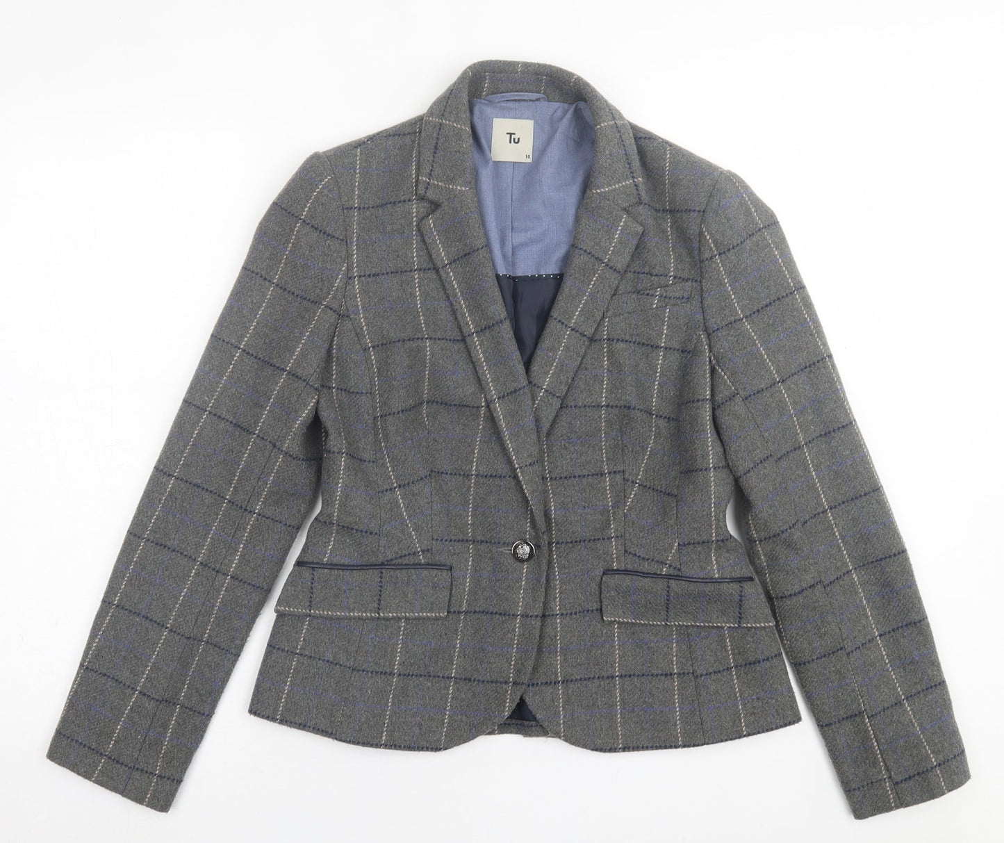 TU Womens Grey Plaid  Jacket Blazer Size 10  Button