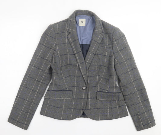 TU Womens Grey Plaid  Jacket Blazer Size 10  Button