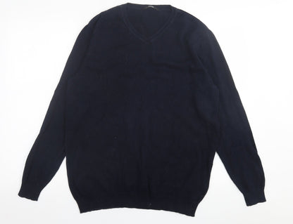 George Mens Blue V-Neck  Cotton Pullover Jumper Size M