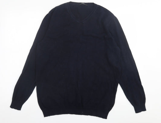 George Mens Blue V-Neck  Cotton Pullover Jumper Size M