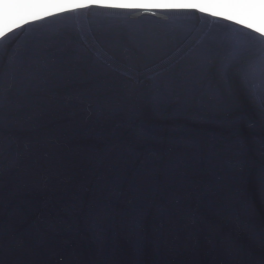 George Mens Blue V-Neck  Cotton Pullover Jumper Size M