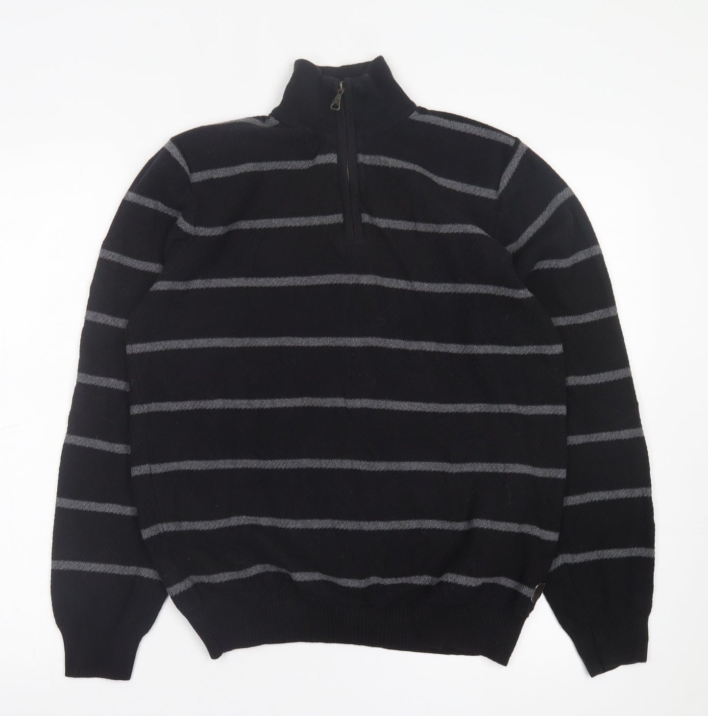 Blue Harbour Mens Black High Neck Striped Cotton Pullover Jumper Size M