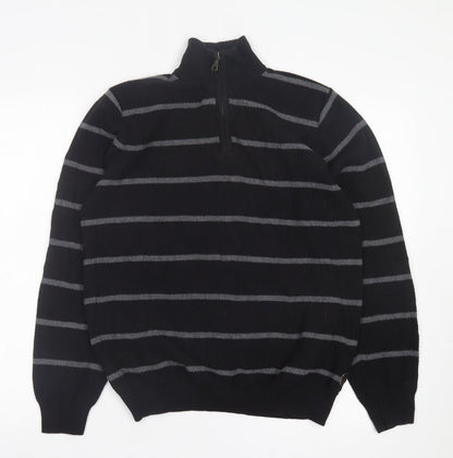 Blue Harbour Mens Black High Neck Striped Cotton Pullover Jumper Size M