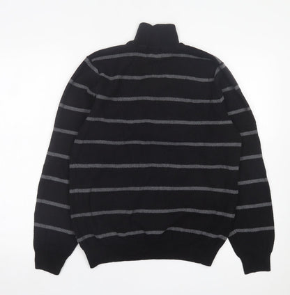 Blue Harbour Mens Black High Neck Striped Cotton Pullover Jumper Size M