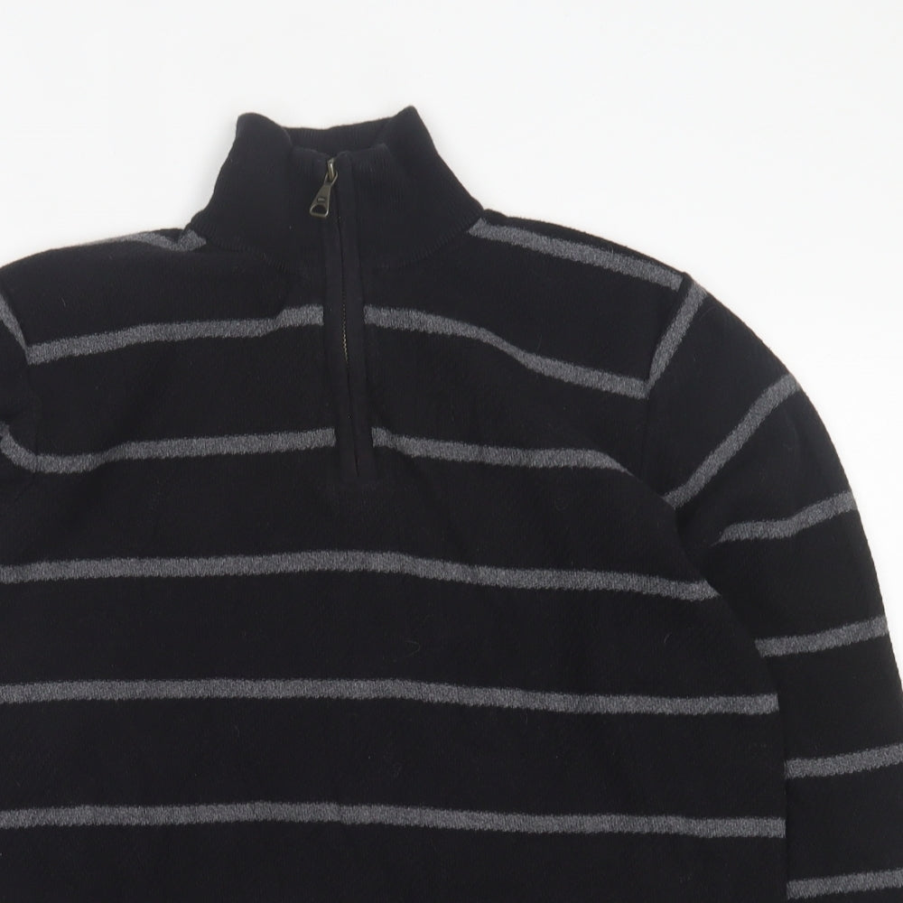Blue Harbour Mens Black High Neck Striped Cotton Pullover Jumper Size M