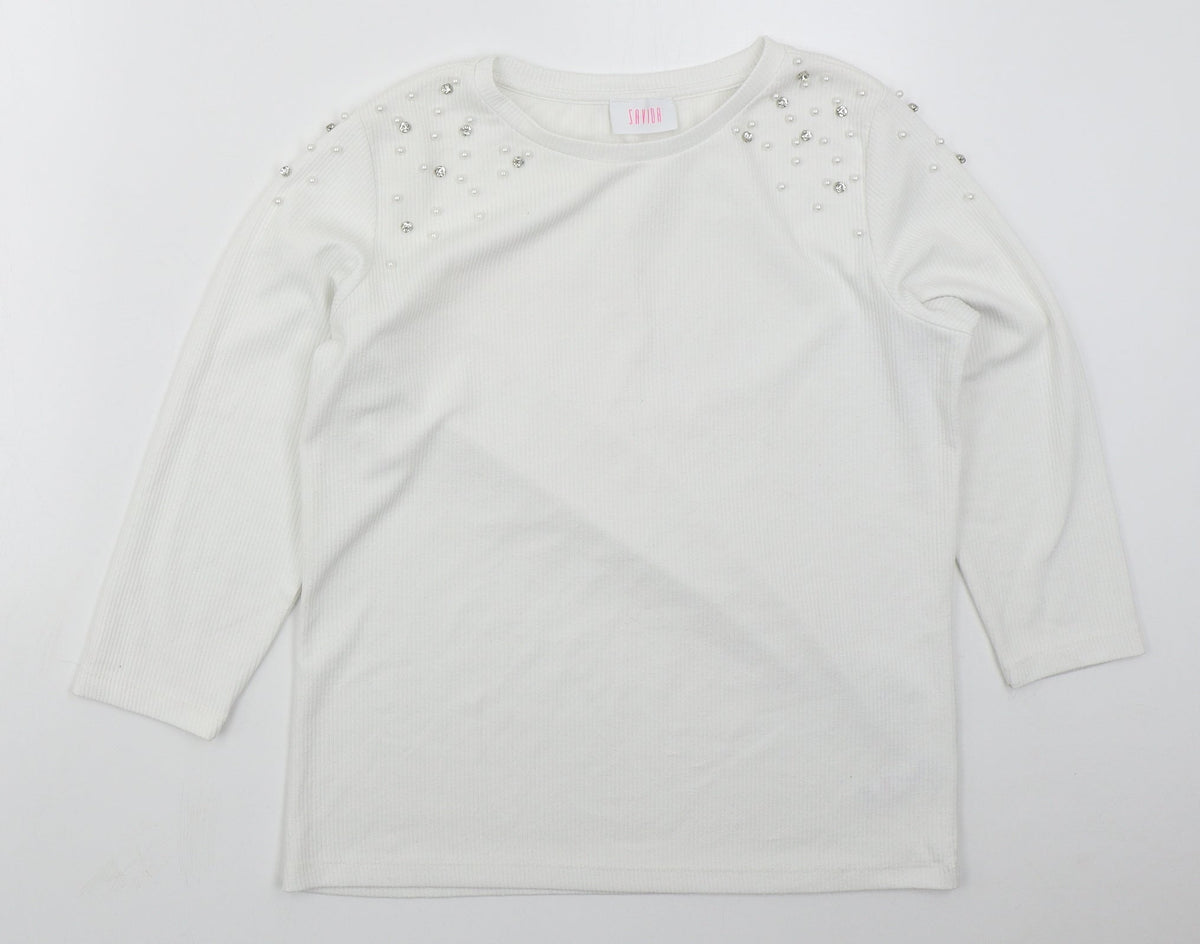Savior Womens White  Polyester Basic T-Shirt Size L Crew Neck