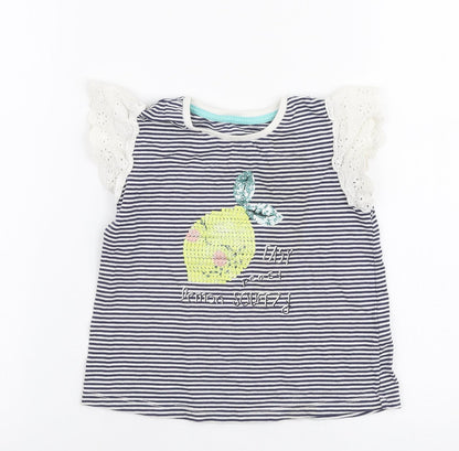 Matalan Girls Blue Striped 100% Cotton Jersey T-Shirt Size 2-3 Years Round Neck Pullover - Lemon