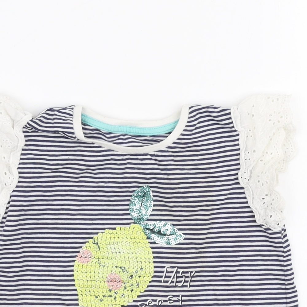 Matalan Girls Blue Striped 100% Cotton Jersey T-Shirt Size 2-3 Years Round Neck Pullover - Lemon