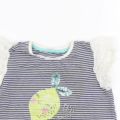 Matalan Girls Blue Striped 100% Cotton Jersey T-Shirt Size 2-3 Years Round Neck Pullover - Lemon