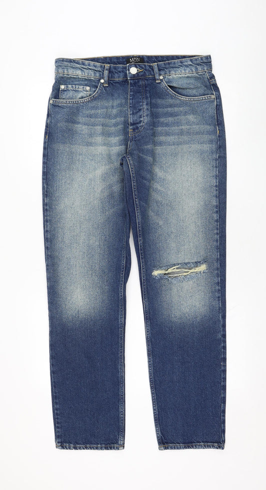 BoohooMAN Mens Blue  Cotton Straight Jeans Size 32 in L32 in Regular Zip