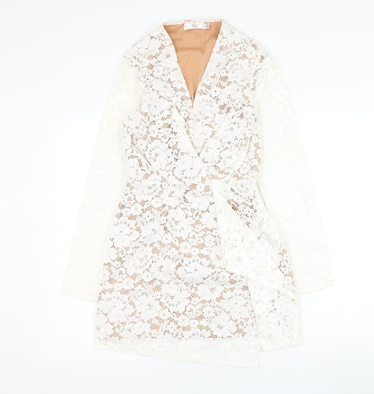 Missguided Womens White  Cotton Pencil Dress  Size 8  V-Neck Zip