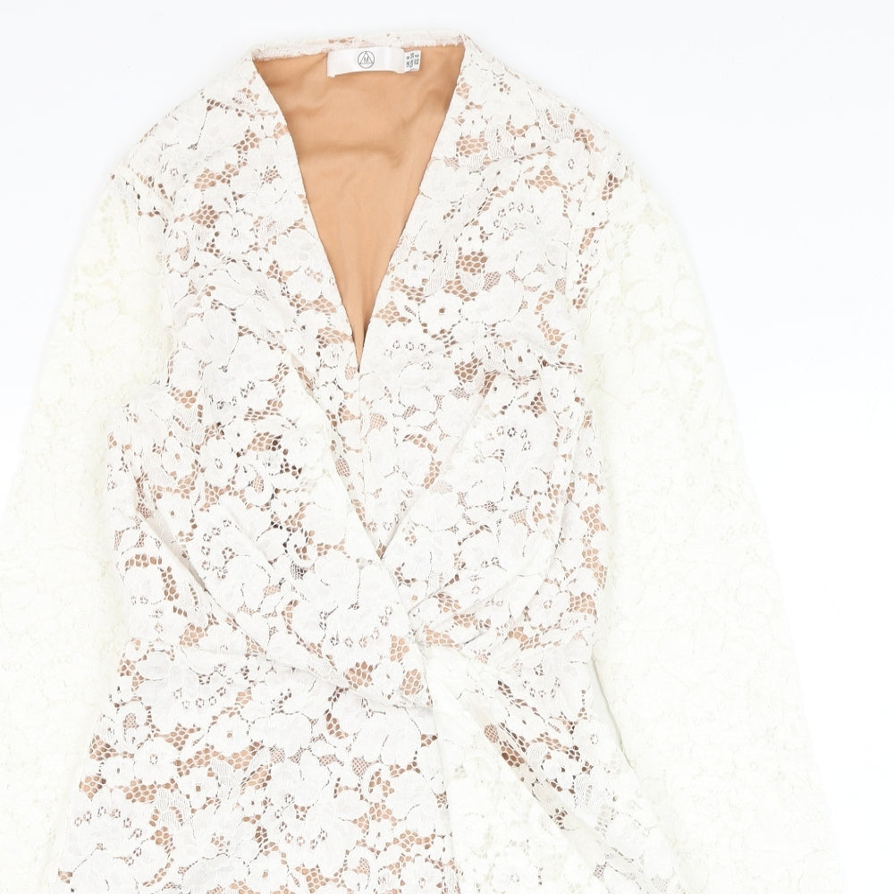 Missguided Womens White  Cotton Pencil Dress  Size 8  V-Neck Zip