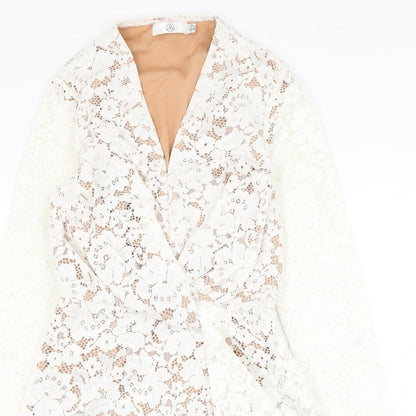 Missguided Womens White  Cotton Pencil Dress  Size 8  V-Neck Zip