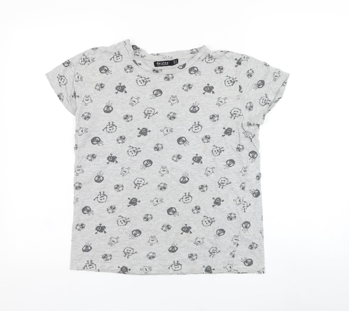 Bershka Boys Grey  Cotton Basic T-Shirt Size M Round Neck Pullover - Monster