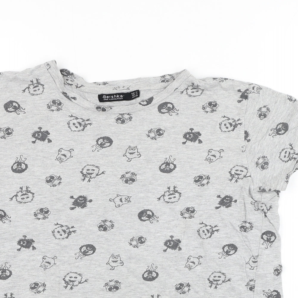 Bershka Boys Grey  Cotton Basic T-Shirt Size M Round Neck Pullover - Monster