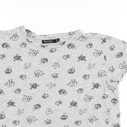 Bershka Boys Grey  Cotton Basic T-Shirt Size M Round Neck Pullover - Monster