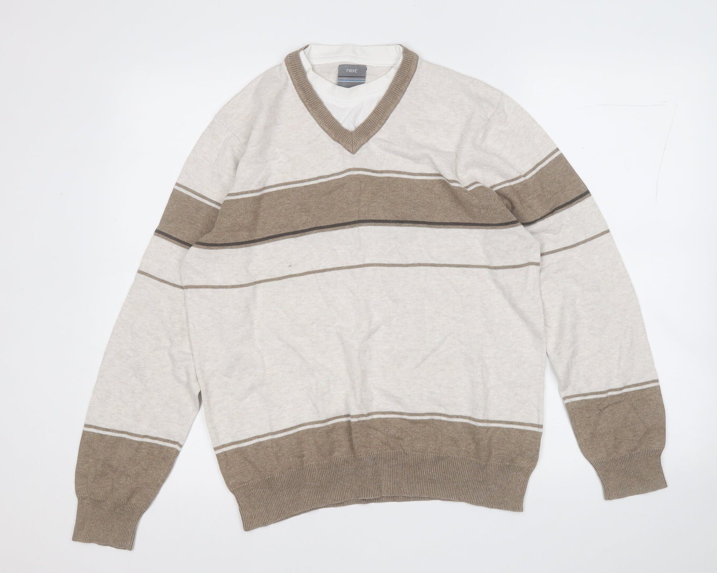 NEXT Mens Brown V-Neck Striped Cotton Pullover Jumper Size M