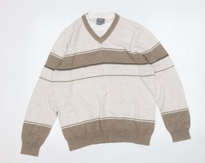 NEXT Mens Brown V-Neck Striped Cotton Pullover Jumper Size M