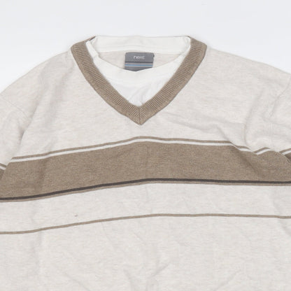 NEXT Mens Brown V-Neck Striped Cotton Pullover Jumper Size M