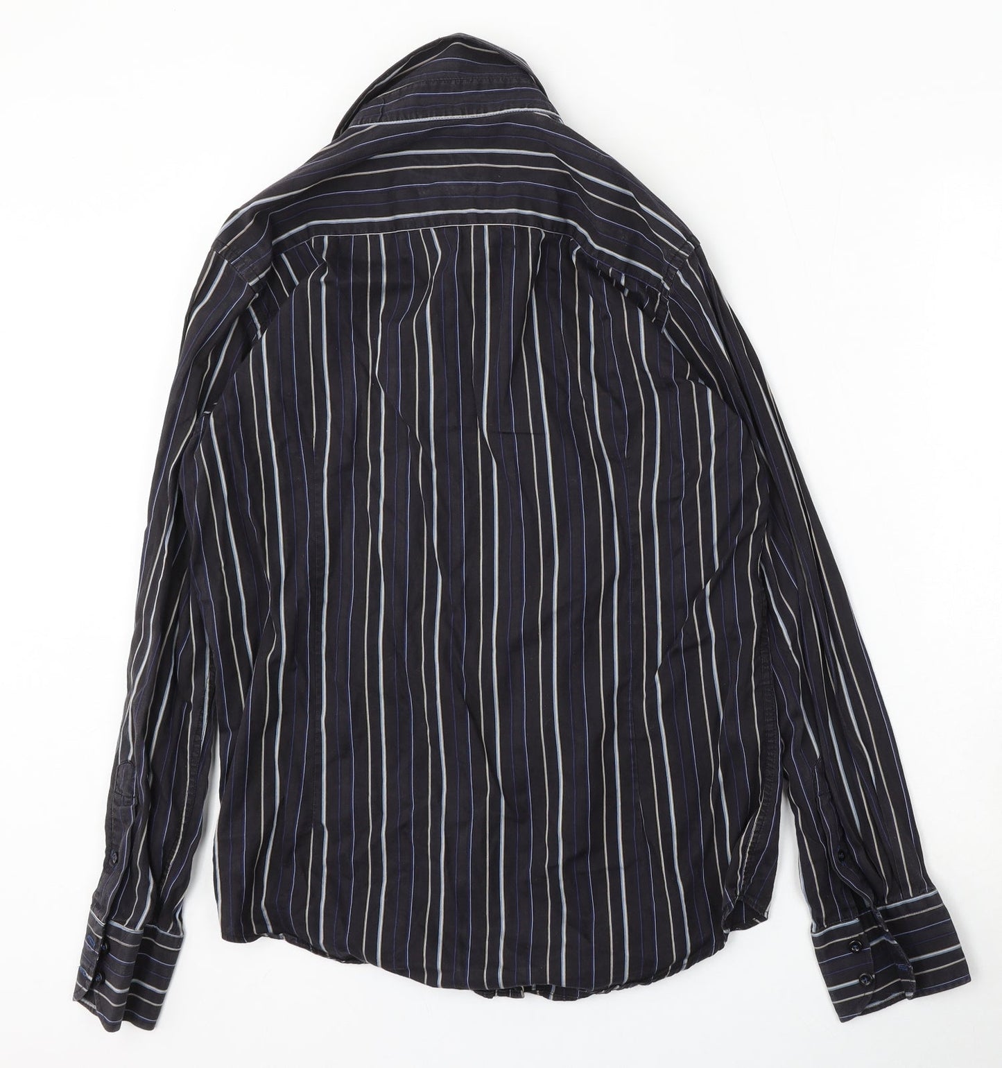 Soviet Mens Black Striped Cotton  Button-Up Size M Collared Button