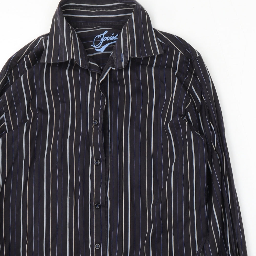 Soviet Mens Black Striped Cotton  Button-Up Size M Collared Button