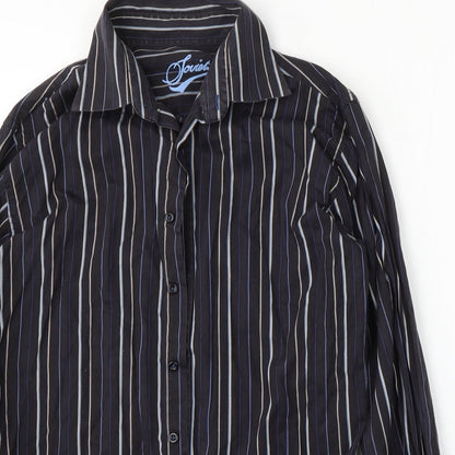 Soviet Mens Black Striped Cotton  Button-Up Size M Collared Button