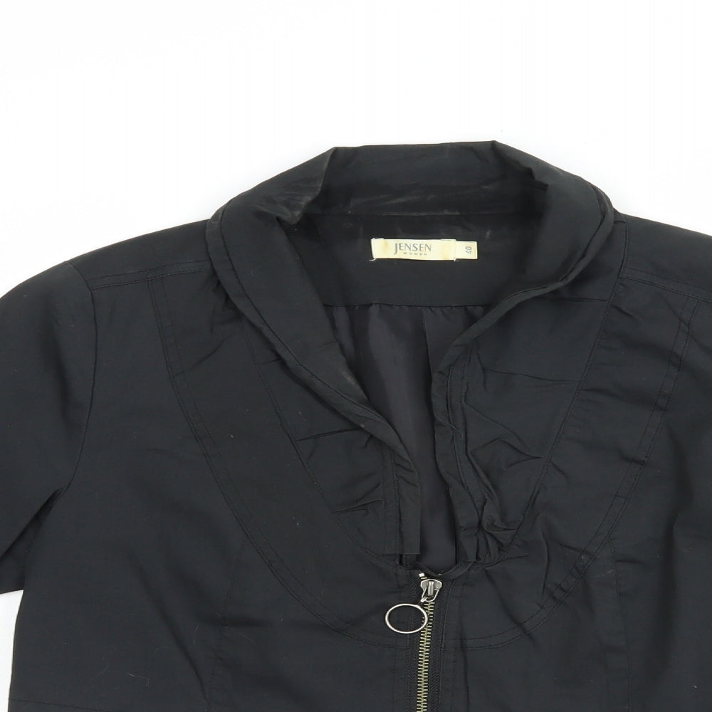 Close-up detail of Jensen women’s black jacket, size UK 12, zip - cropped