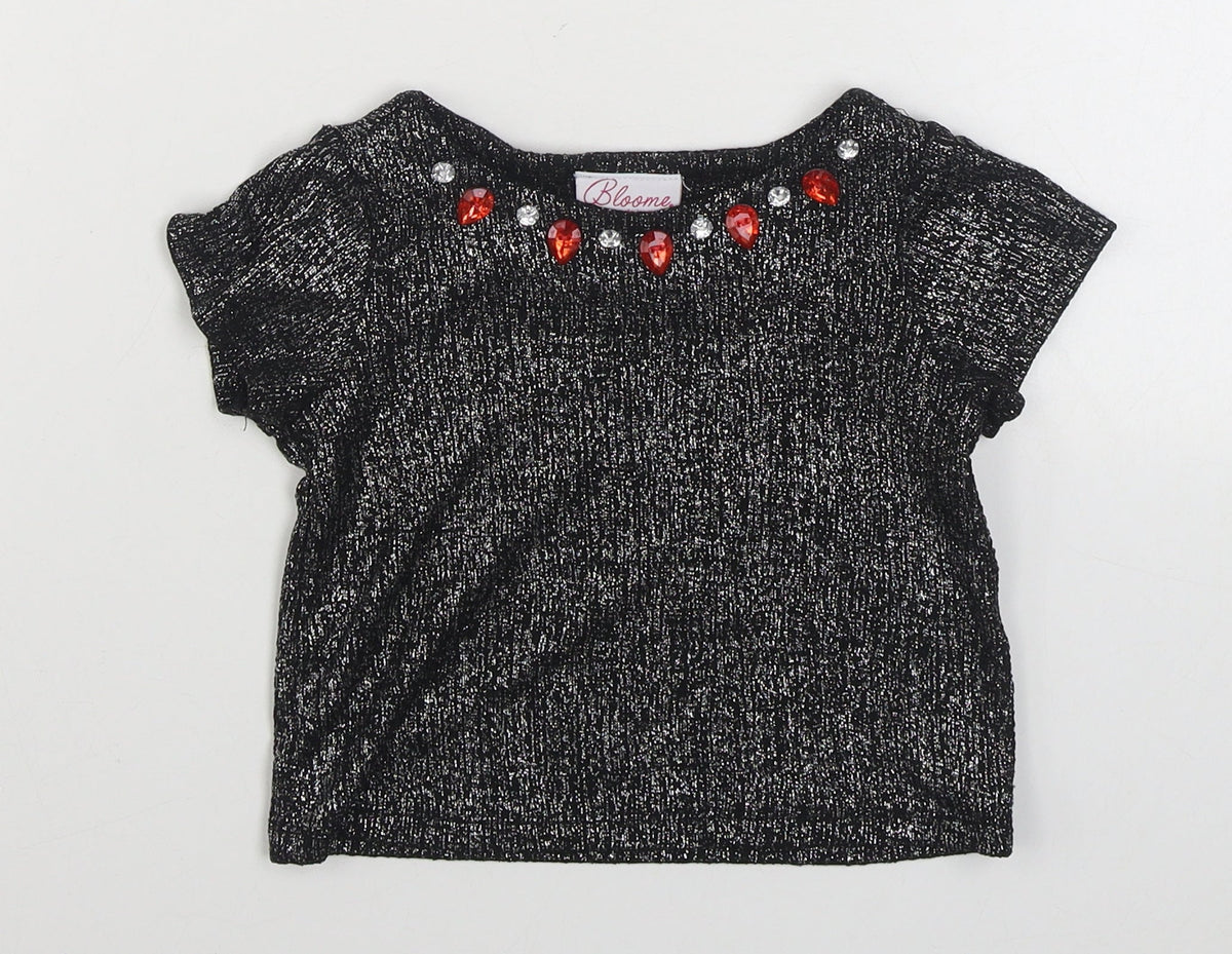 Bloome Girls Black  Polyester Basic T-Shirt Size 4 Years Boat Neck Pullover