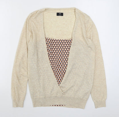 F&F Womens Beige V-Neck Geometric Acrylic Cardigan Jumper Size 10