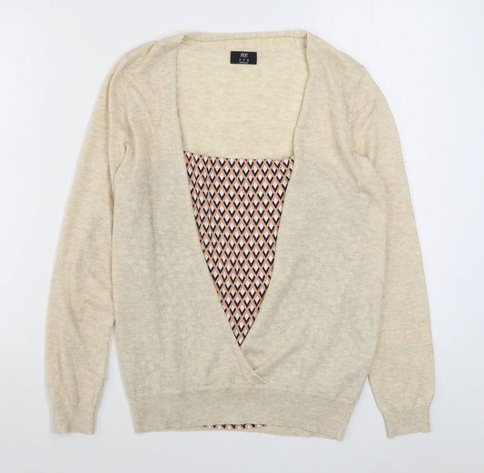 F&F Womens Beige V-Neck Geometric Acrylic Cardigan Jumper Size 10