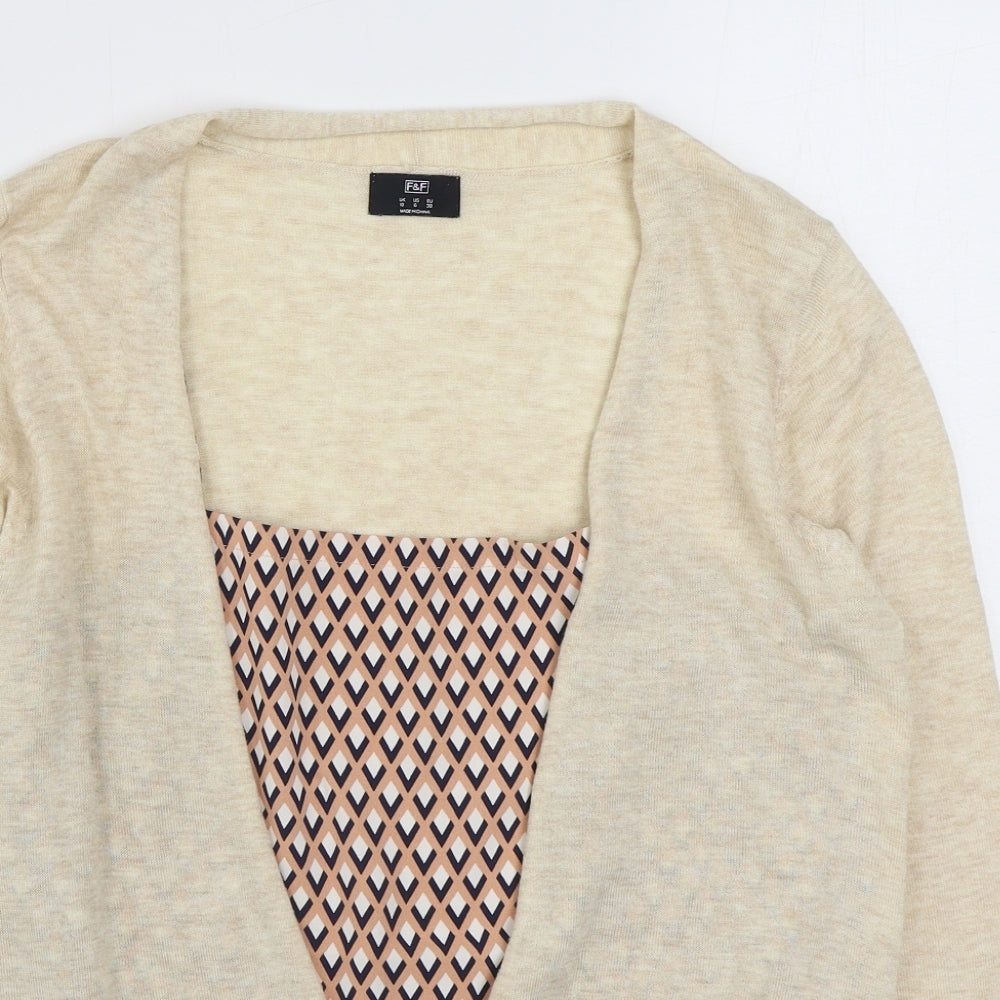 F&F Womens Beige V-Neck Geometric Acrylic Cardigan Jumper Size 10