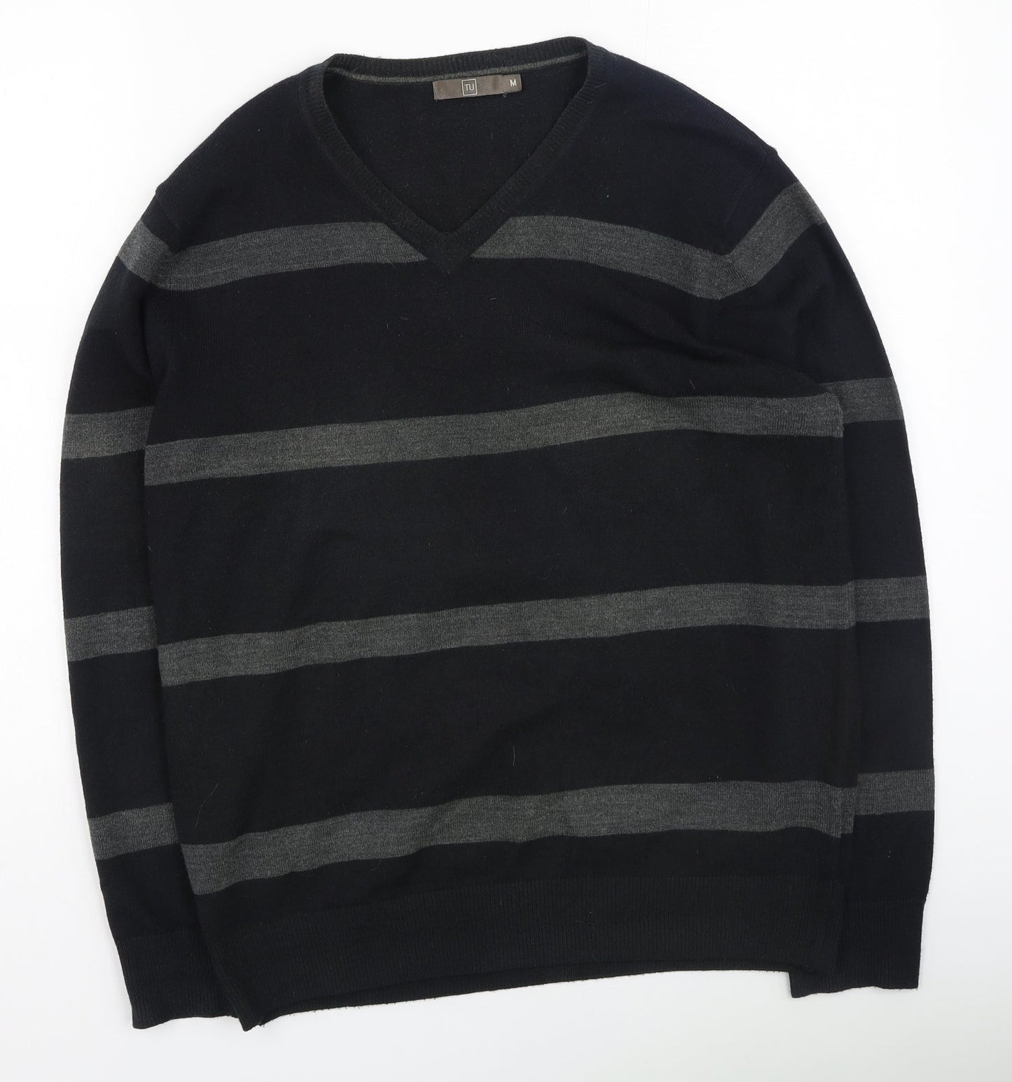 yu Mens Black V-Neck Striped Acrylic Pullover Jumper Size M