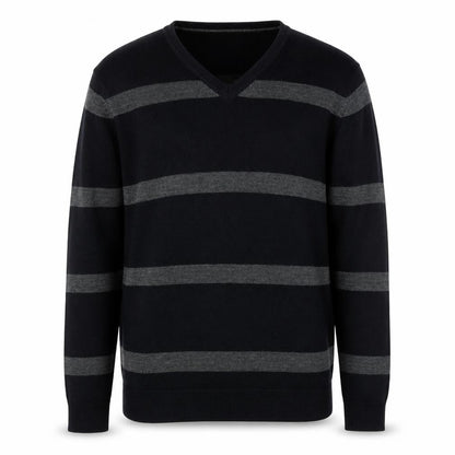 yu Mens Black V-Neck Striped Acrylic Pullover Jumper Size M