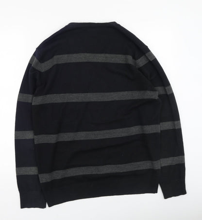 yu Mens Black V-Neck Striped Acrylic Pullover Jumper Size M