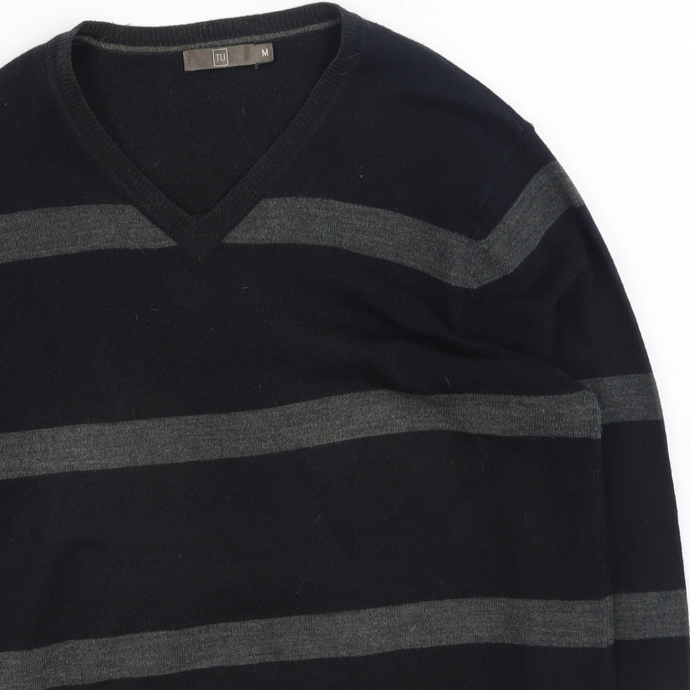 yu Mens Black V-Neck Striped Acrylic Pullover Jumper Size M