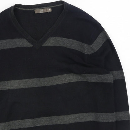 yu Mens Black V-Neck Striped Acrylic Pullover Jumper Size M