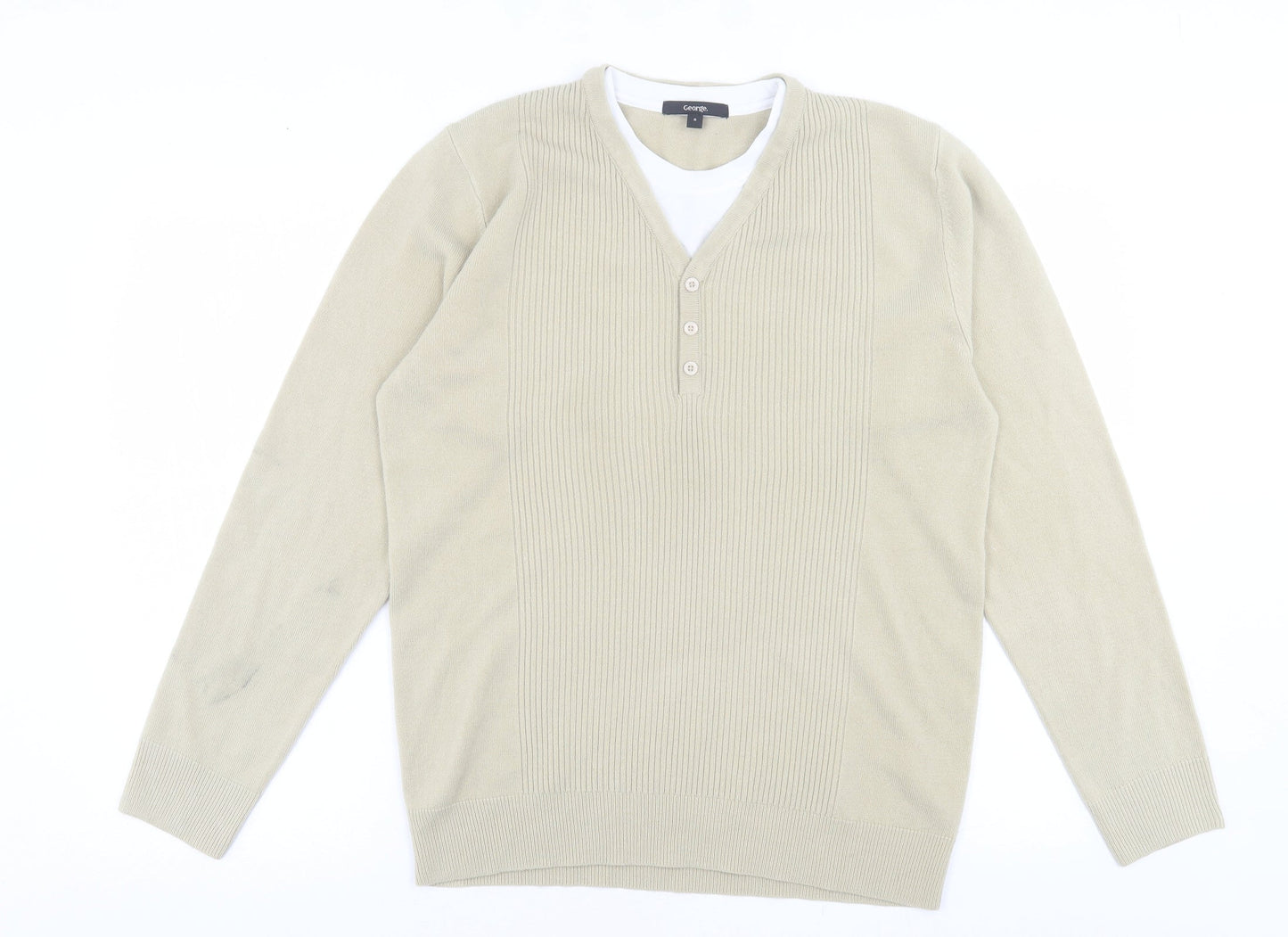 George Mens Beige V-Neck  Acrylic Pullover Jumper Size S