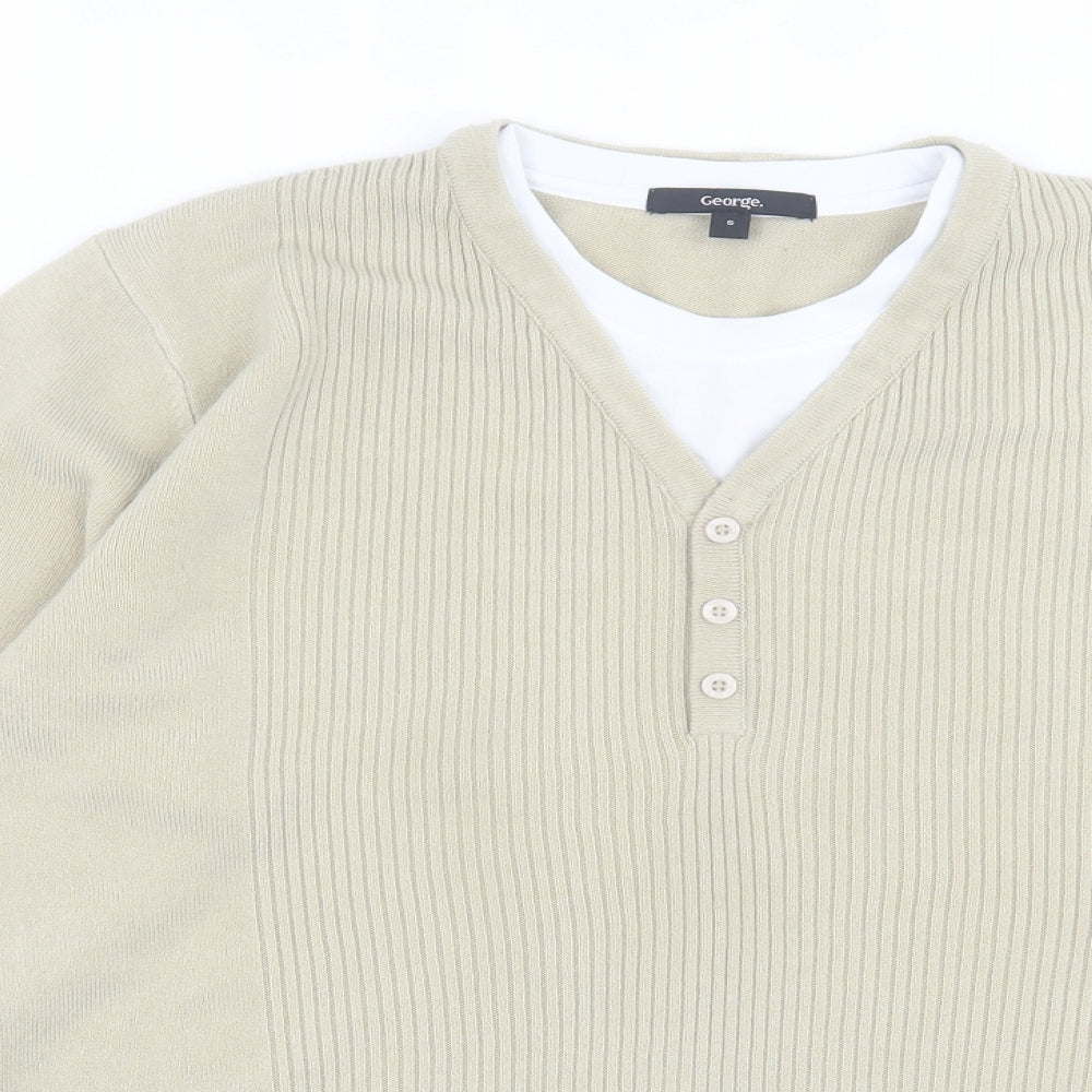 George Mens Beige V-Neck  Acrylic Pullover Jumper Size S
