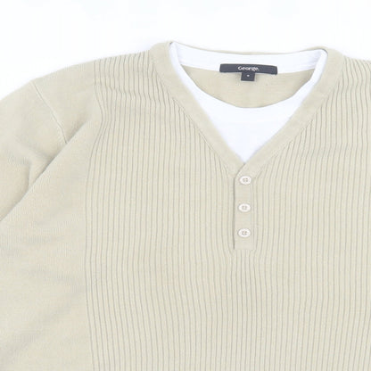 George Mens Beige V-Neck  Acrylic Pullover Jumper Size S