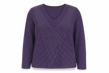 Bonmarché Womens Purple V-Neck Acrylic Pullover Jumper Size XL