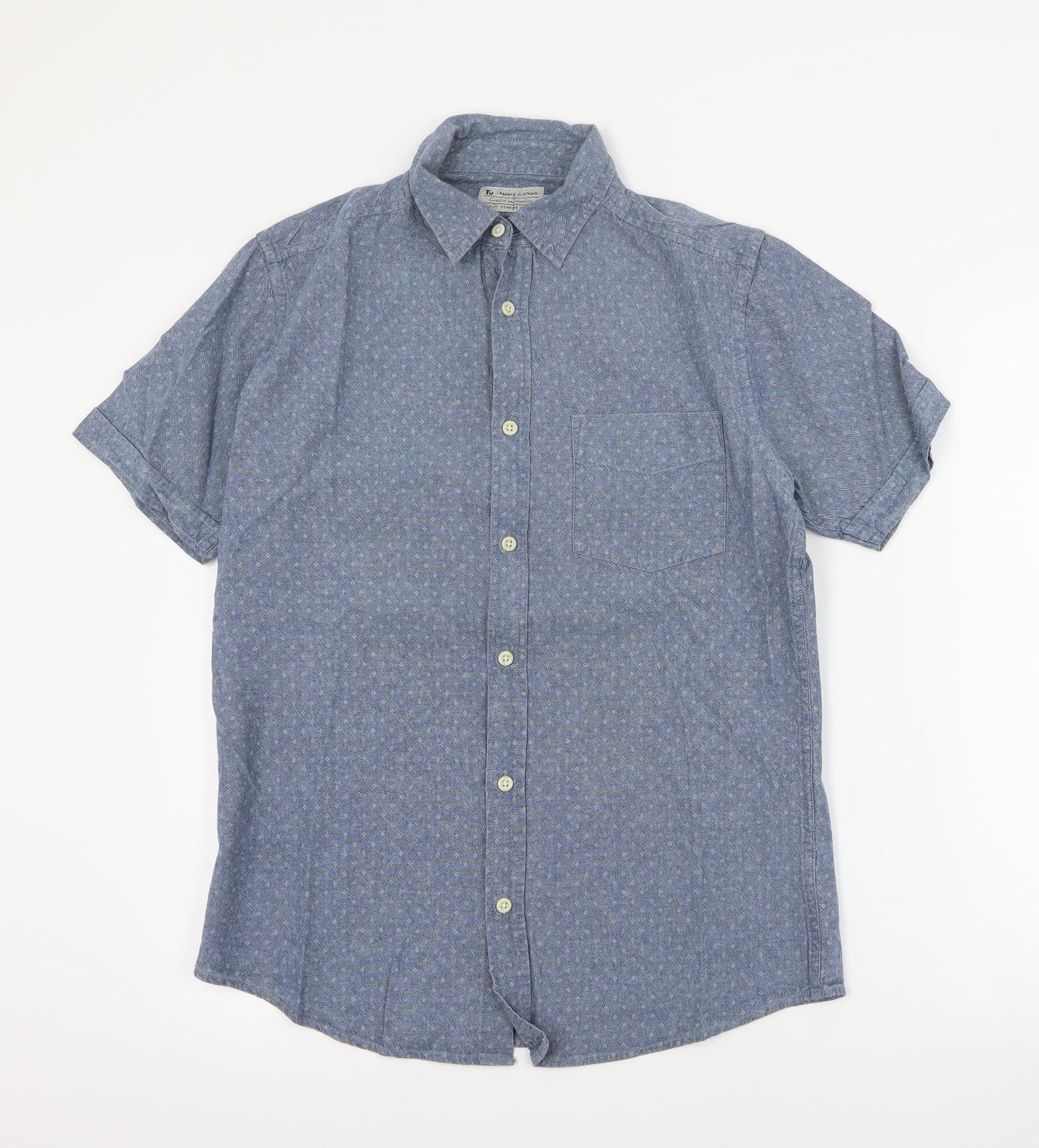 TU Mens Blue Geometric Cotton  Button-Up Size S Collared Button