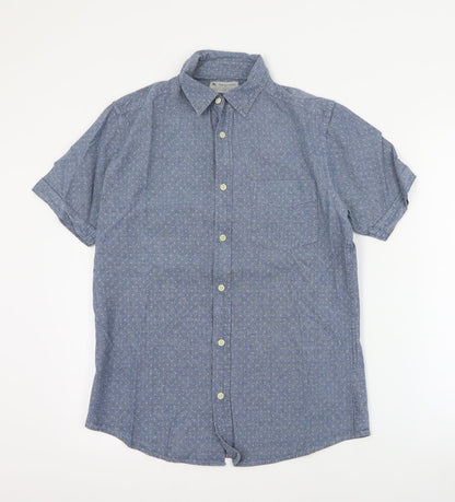 TU Mens Blue Geometric Cotton  Button-Up Size S Collared Button