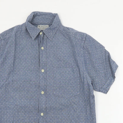 TU Mens Blue Geometric Cotton  Button-Up Size S Collared Button