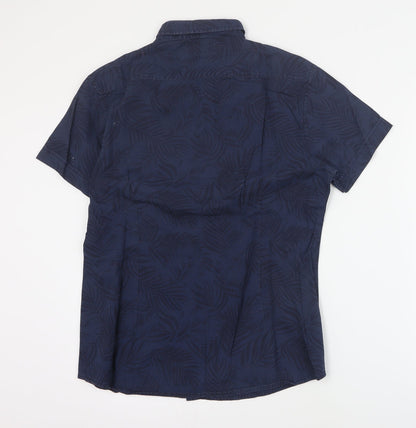 TU Mens Blue Floral Cotton  Button-Up Size S Collared Button