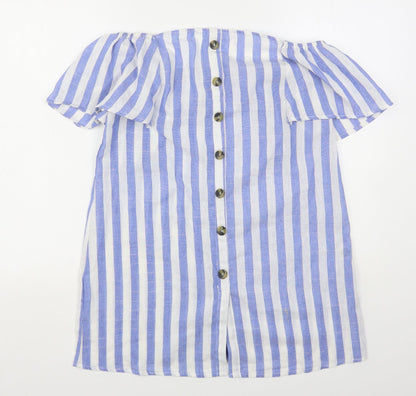 Shein  Womens Blue Striped Cotton Basic Button-Up Size M Boat Neck